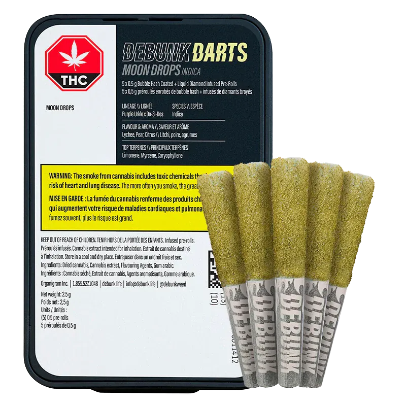 Front-facing shot of a black tin with five gold-coated pre-rolls leaning against it, labeled "Moon Drops Bubble Hash Coated Infused PR 5 x 0.5 g".