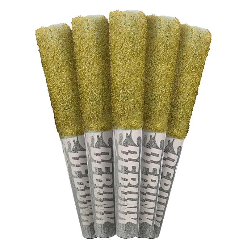 Close-up of five Moon Drops Bubble Hash Coated Infused PR 5 x 0.5 g joints fanned upright, showing their golden hash-coated tips and printed white paper tubes