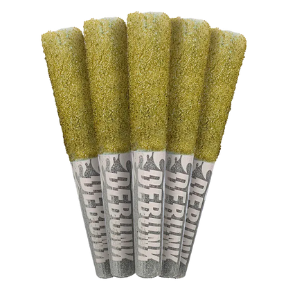Close-up of five Moon Drops Bubble Hash Coated Infused PR 5 x 0.5 g joints fanned upright, showing their golden hash-coated tips and printed white paper tubes