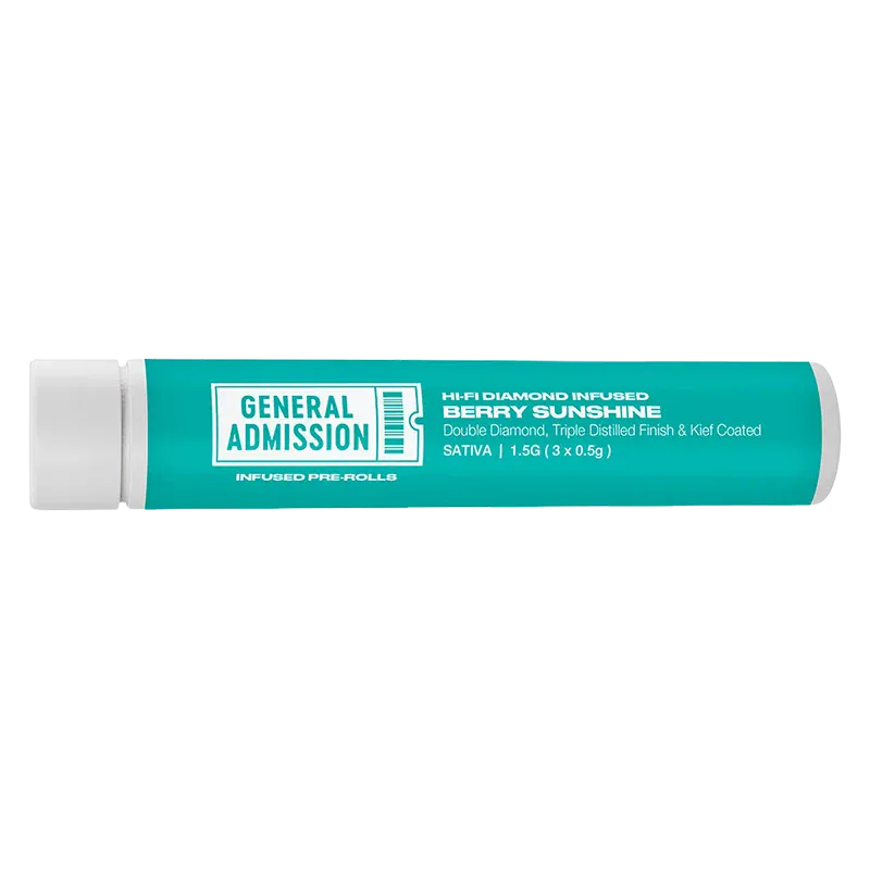 Horizontal close-up of the teal "Berry Sunshine Diamond Infused PR 3 x 0.5 g" tube label with bold "General Admission" branding centered.