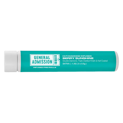 Horizontal close-up of the teal "Berry Sunshine Diamond Infused PR 3 x 0.5 g" tube label with bold "General Admission" branding centered.