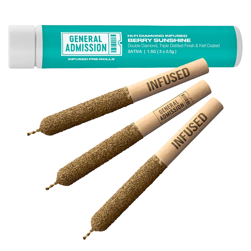 Three angled Berry Sunshine Diamond Infused PR 3 x 0.5 g pre-rolls labeled "INFUSED" and "GENERAL ADMISSION" arranged below a teal General Admission Berry Sunshine tube.