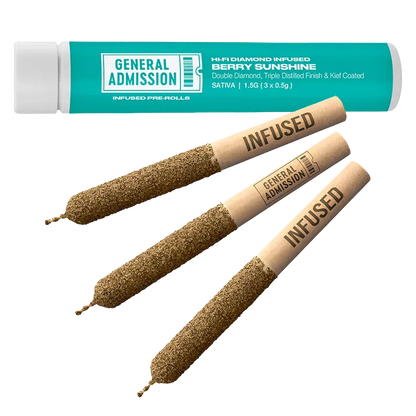 Three angled Berry Sunshine Diamond Infused PR 3 x 0.5 g pre-rolls labeled "INFUSED" and "GENERAL ADMISSION" arranged below a teal General Admission Berry Sunshine tube.