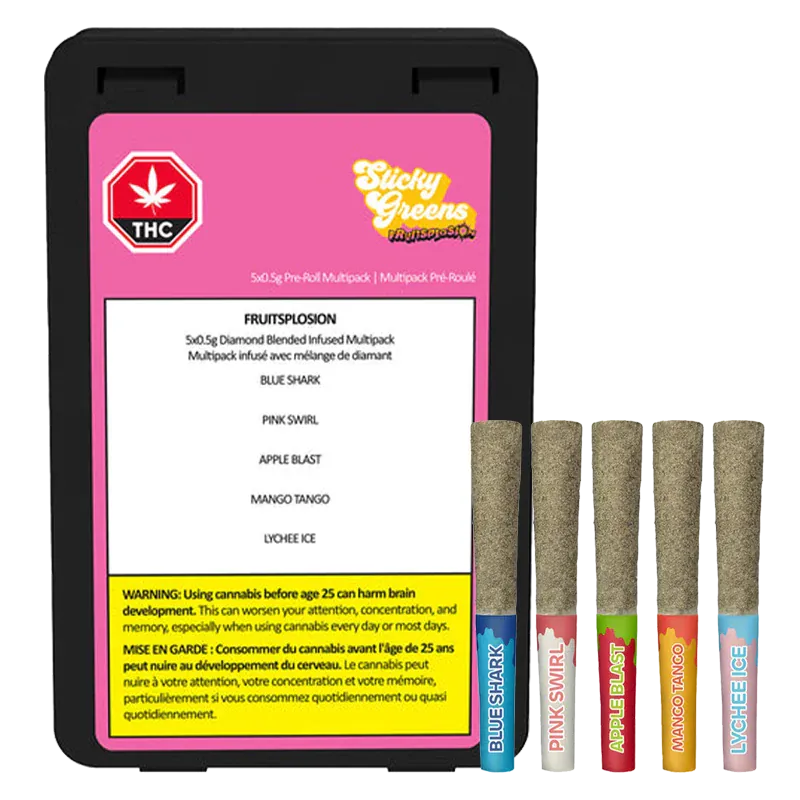 Front view of a black clamshell pack labeled Fruitsplosion Five Diamond Blend Infused PR 5 x 0.5 g with five pre-rolls upright beside it.