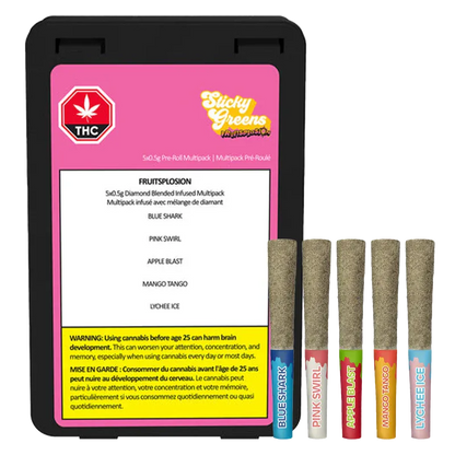 Front view of a black clamshell pack labeled Fruitsplosion Five Diamond Blend Infused PR 5 x 0.5 g with five pre-rolls upright beside it.