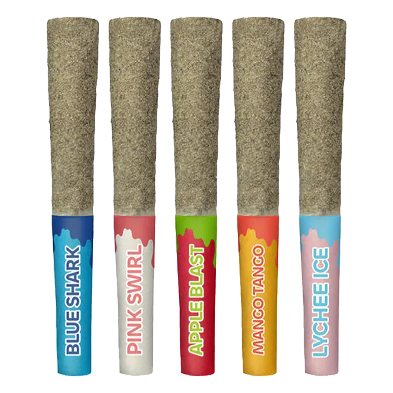 Front-facing row of five Fruitsplosion Five Diamond Blend Infused PR 5 x 0.5 g cones with textured brown tips and colorful labeled filters.