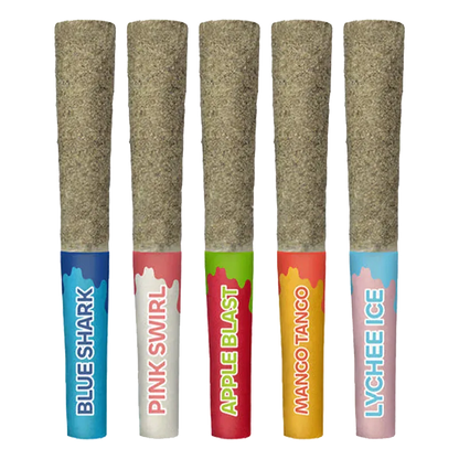 Front-facing row of five Fruitsplosion Five Diamond Blend Infused PR 5 x 0.5 g cones with textured brown tips and colorful labeled filters.