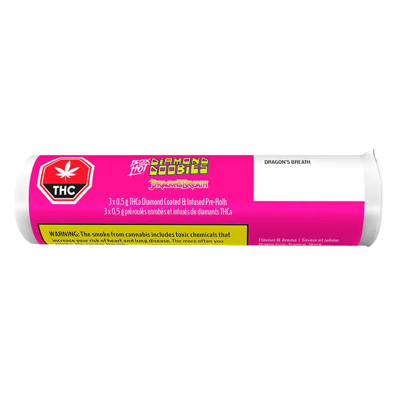 Horizontal product shot of a white tube with a bright pink label reading Diamond Doobies Dragon's Breath Infused PR 3 x 0.5 g, shown on a white background