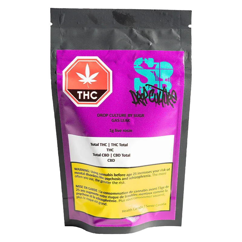 Front view of a purple pouch labeled "Gas Leak Rosin" with a red THC octagon and graffiti-style "Drop Culture by Sugr Gas Leak" branding.
