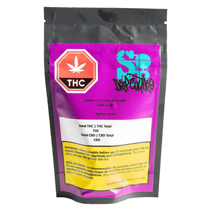 Front view of a purple pouch labeled "Gas Leak Rosin" with a red THC octagon and graffiti-style "Drop Culture by Sugr Gas Leak" branding.
