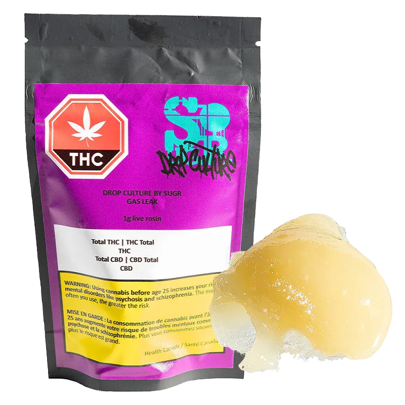 Front view of a purple pouch labeled Gas Leak Rosin with a hexagonal THC symbol, shown beside a glossy 1 g amber dab of rosin.