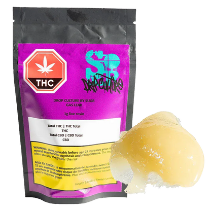 Front view of a purple pouch labeled Gas Leak Rosin with a hexagonal THC symbol, shown beside a glossy 1 g amber dab of rosin.