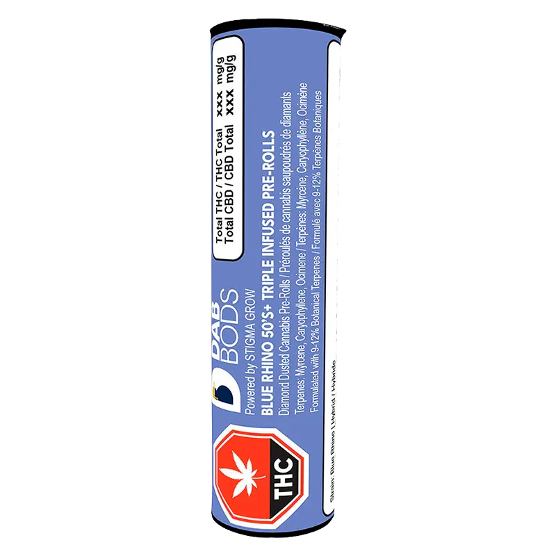 Vertical close-up of the blue Blue Rhino Infused PR 3 x 0.5 g tube showing its label, nutritional box, and red THC warning badge.