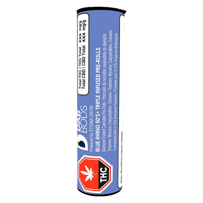 Vertical close-up of the blue Blue Rhino Infused PR 3 x 0.5 g tube showing its label, nutritional box, and red THC warning badge.