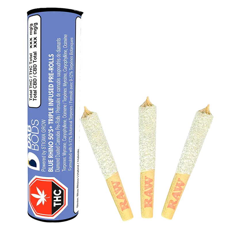 Angled trio of sugar-coated pre-rolls beside a blue tube of Blue Rhino Infused PR 3 x 0.5 g, shown on a white background.