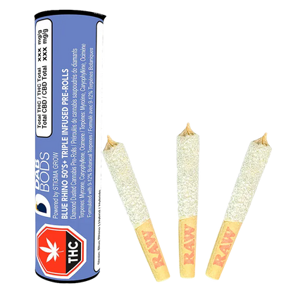 Angled trio of sugar-coated pre-rolls beside a blue tube of Blue Rhino Infused PR 3 x 0.5 g, shown on a white background.