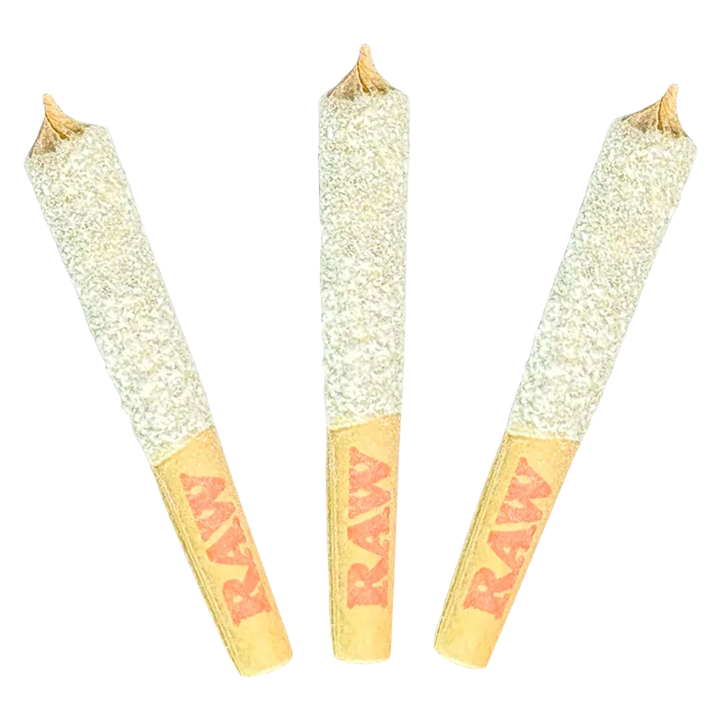 Three angled joints with sugar-coated tips and RAW paper tips, labeled "Blue Rhino Infused PR 3 x 0.5 g".