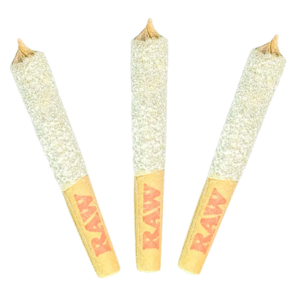 Three angled joints with sugar-coated tips and RAW paper tips, labeled "Blue Rhino Infused PR 3 x 0.5 g".