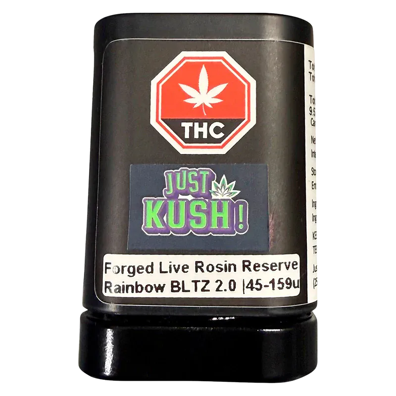 Front-facing close-up of the Live Rosin Reserve tube label reading "JUST KUSH!" beneath a red THC symbol.