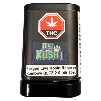 Front-facing close-up of the Live Rosin Reserve tube label reading "JUST KUSH!" beneath a red THC symbol.