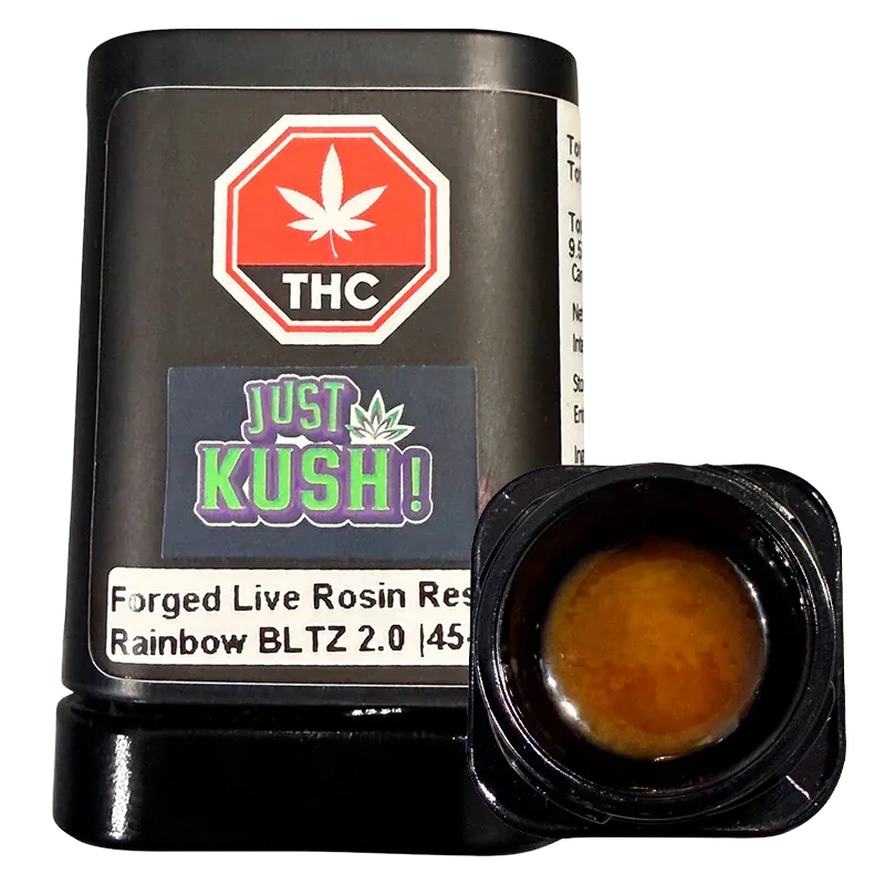 Close-up front view of a black jar and open pot of amber concentrate labeled Live Rosin Reserve, the "Just Kush!" sticker and THC octagon visible.