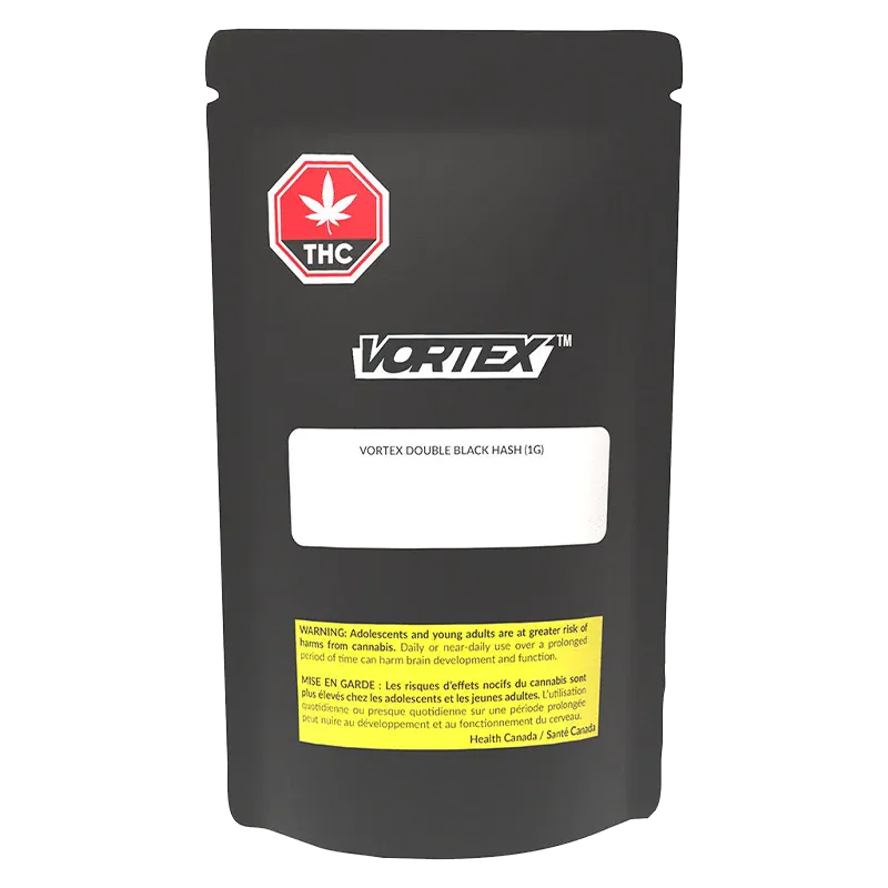 Front-facing shot of the Vortex Double Black Hash matte black pouch with a red THC icon and white product label.