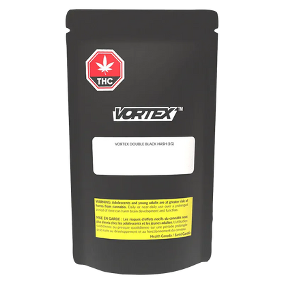 Front-facing shot of the Vortex Double Black Hash matte black pouch with a red THC icon and white product label.