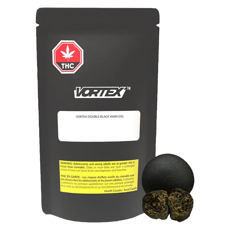 Front view of the VORTEX Double Black Hash pouch on a white background with two dark hash balls shown at the lower right.