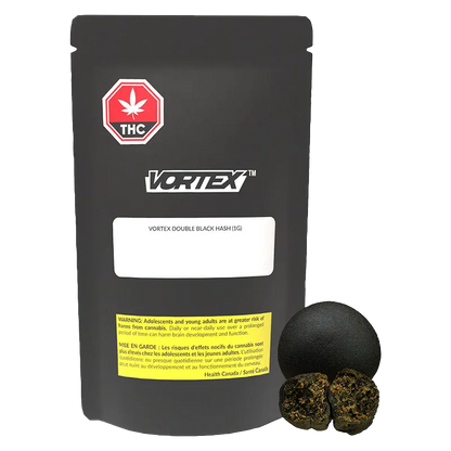Front view of the VORTEX Double Black Hash pouch on a white background with two dark hash balls shown at the lower right.