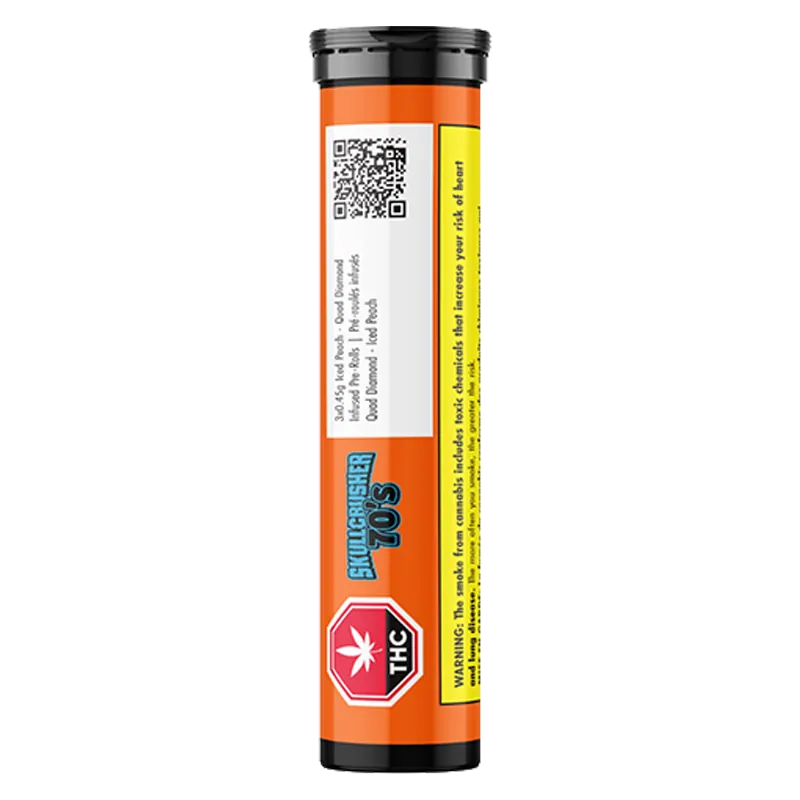 Vertical front view of the orange Iced Peach Quad Diamond Infused PR 3 x 0.45 g tube showing a black cap, THC hexagon logo, QR code, and warning strip.