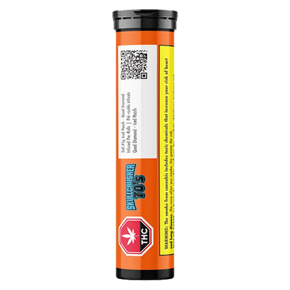 Vertical front view of the orange Iced Peach Quad Diamond Infused PR 3 x 0.45 g tube showing a black cap, THC hexagon logo, QR code, and warning strip.