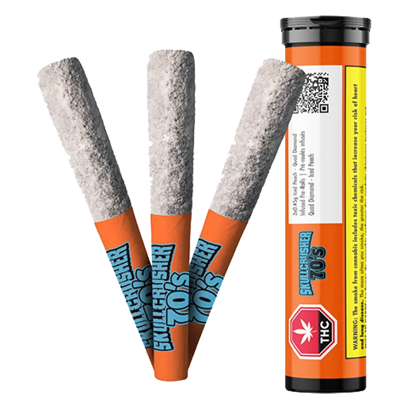 Three angled Iced Peach Quad Diamond Infused PR 3 x 0.45 g cones fanned beside an upright orange tube, shown on a white background.