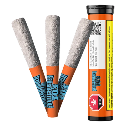 Three angled Iced Peach Quad Diamond Infused PR 3 x 0.45 g cones fanned beside an upright orange tube, shown on a white background.