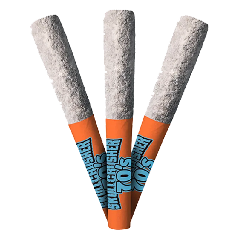 Three-quarter view of three Iced Peach Quad Diamond Infused PR 3 x 0.45 g cones fanned with speckled white tips and orange branded filters.