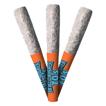 Three-quarter view of three Iced Peach Quad Diamond Infused PR 3 x 0.45 g cones fanned with speckled white tips and orange branded filters.