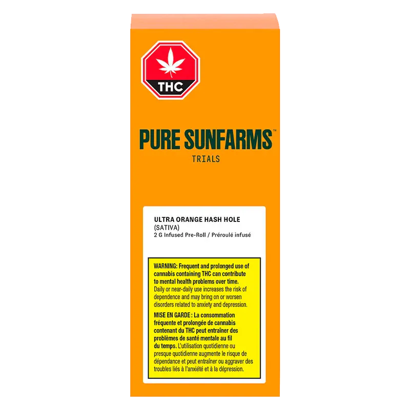 Tall front-facing shot of the bright orange packaging labeled Ultra Orange Hash Hole Infused PR 1 x 2 g from PURE SUNFARMS, showing the THC symbol and warning block.