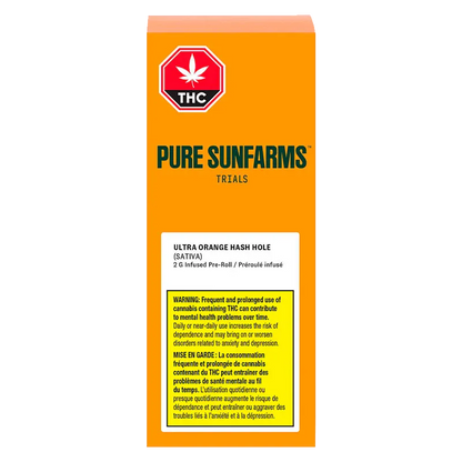 Tall front-facing shot of the bright orange packaging labeled Ultra Orange Hash Hole Infused PR 1 x 2 g from PURE SUNFARMS, showing the THC symbol and warning block.
