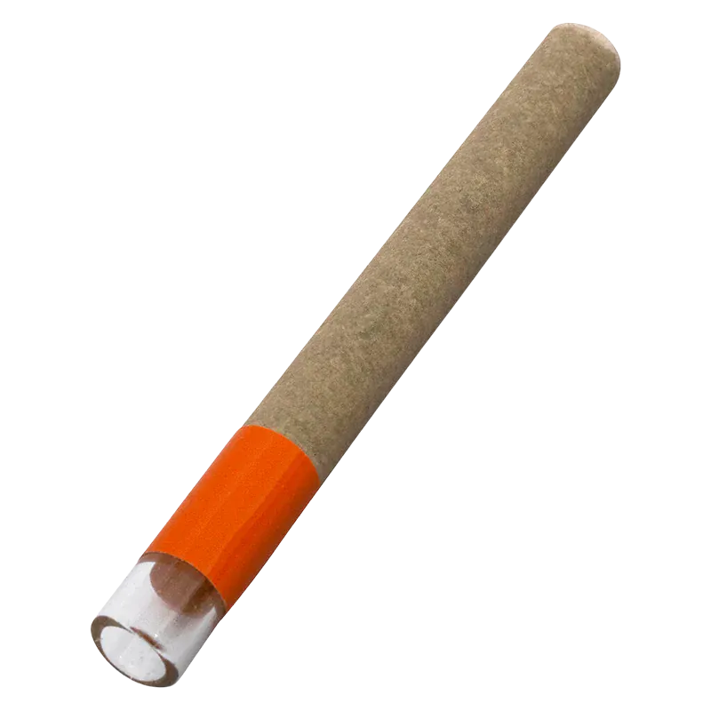 Diagonal close-up of an Ultra Orange Hash Hole Infused PR 1 x 2 g pre-roll showing its brown paper body, bright orange band near the clear tip, and white background