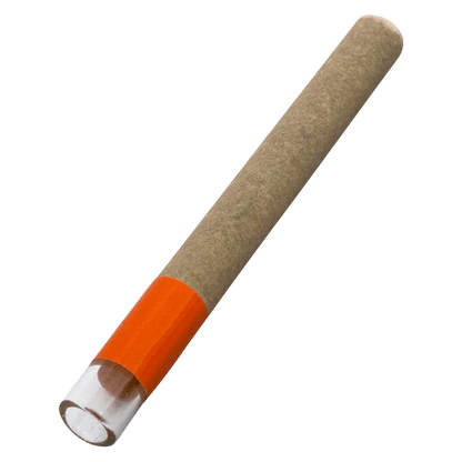 Diagonal close-up of an Ultra Orange Hash Hole Infused PR 1 x 2 g pre-roll showing its brown paper body, bright orange band near the clear tip, and white background
