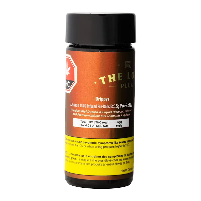 Front-facing shot of a brown bottle labeled "Drippyz Lemon GLTO Infused PR 5 x 0.5 g" with a black cap and yellow warning strip at the base