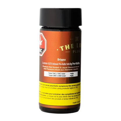 Front-facing shot of a brown bottle labeled "Drippyz Lemon GLTO Infused PR 5 x 0.5 g" with a black cap and yellow warning strip at the base
