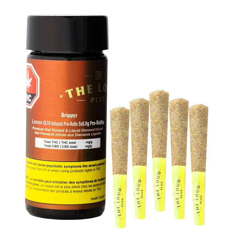 Front-facing shot of a black-capped jar and five kief-coated Lemon GLTO Infused PR 5 x 0.5 g pre-rolls, labeled Drippyz Lemon GLTO Infused PR 5 x 0.5 g.