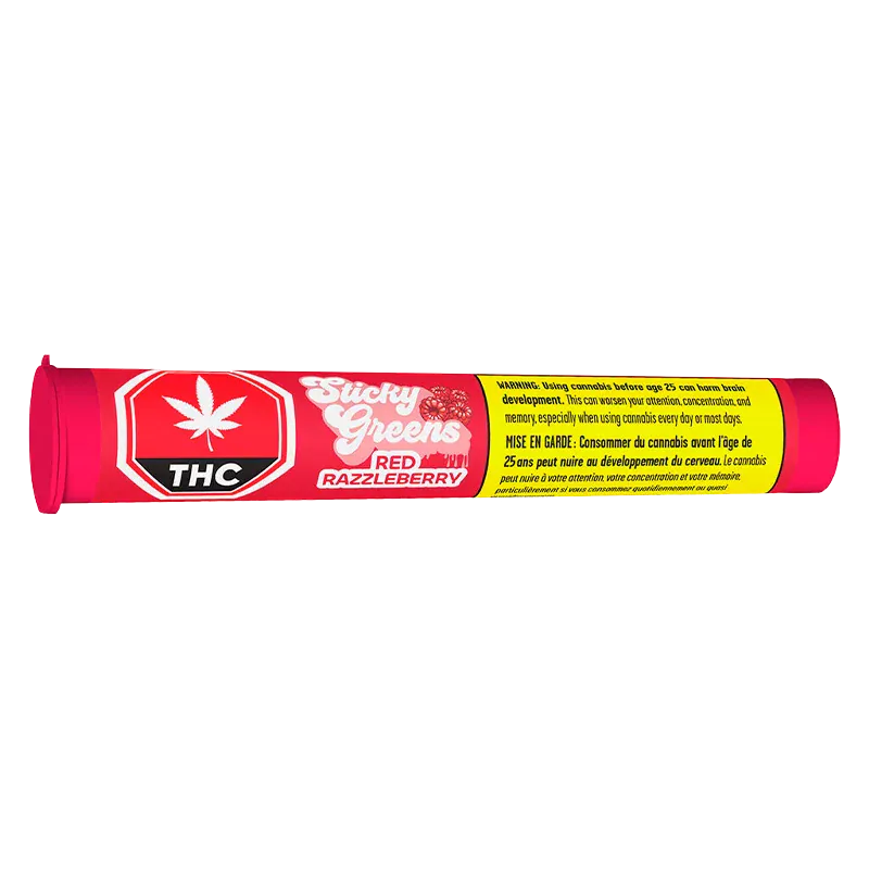 Side view of the bright red tube labeled "Red Razzleberry Ld Infused PR 5 x 0.5 g" with a white THC leaf logo and warning panel.