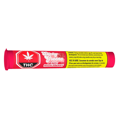 Side view of the bright red tube labeled "Red Razzleberry Ld Infused PR 5 x 0.5 g" with a white THC leaf logo and warning panel.