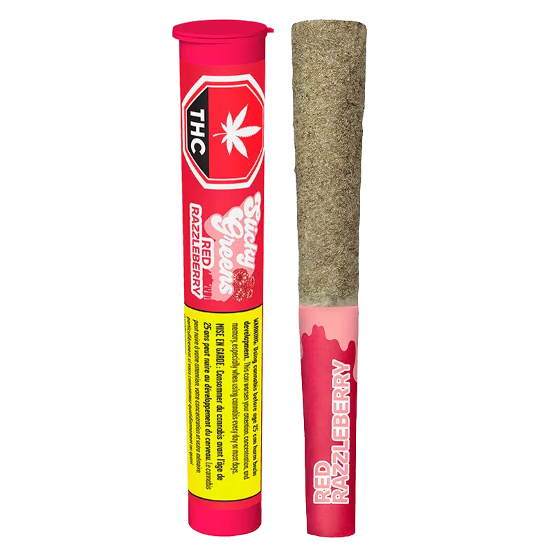 Vertical studio shot of the Red Razzleberry Ld Infused PR 5 x 0.5 g tube and matching pre-roll standing side by side on a white background.