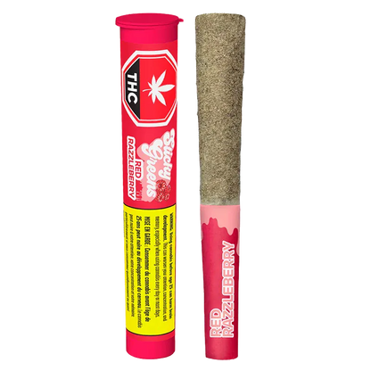 Vertical studio shot of the Red Razzleberry Ld Infused PR 5 x 0.5 g tube and matching pre-roll standing side by side on a white background.