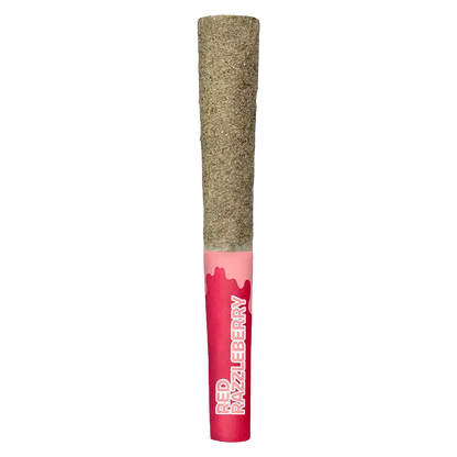 Center-aligned close-up of a pre-rolled cone with a greenish herb tip and a pink-red labeled filter reading "Red Razzleberry Ld Infused PR 5 x 0.5 g."
