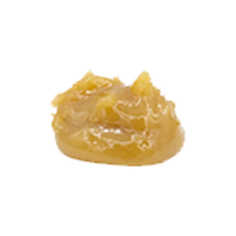 Close-up of a glossy amber dab of Northern Apple Jaxx Live Rosin on a white background.