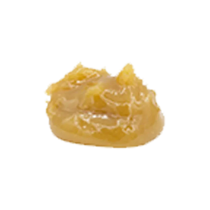 Close-up of a glossy amber dab of Northern Apple Jaxx Live Rosin on a white background.