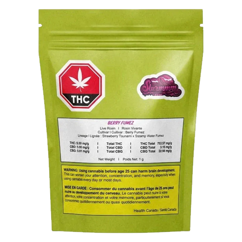 Front-facing shot of the green pouch labeled "Berry Fumez" with a red THC stop-sign icon and a white nutrition-style panel.